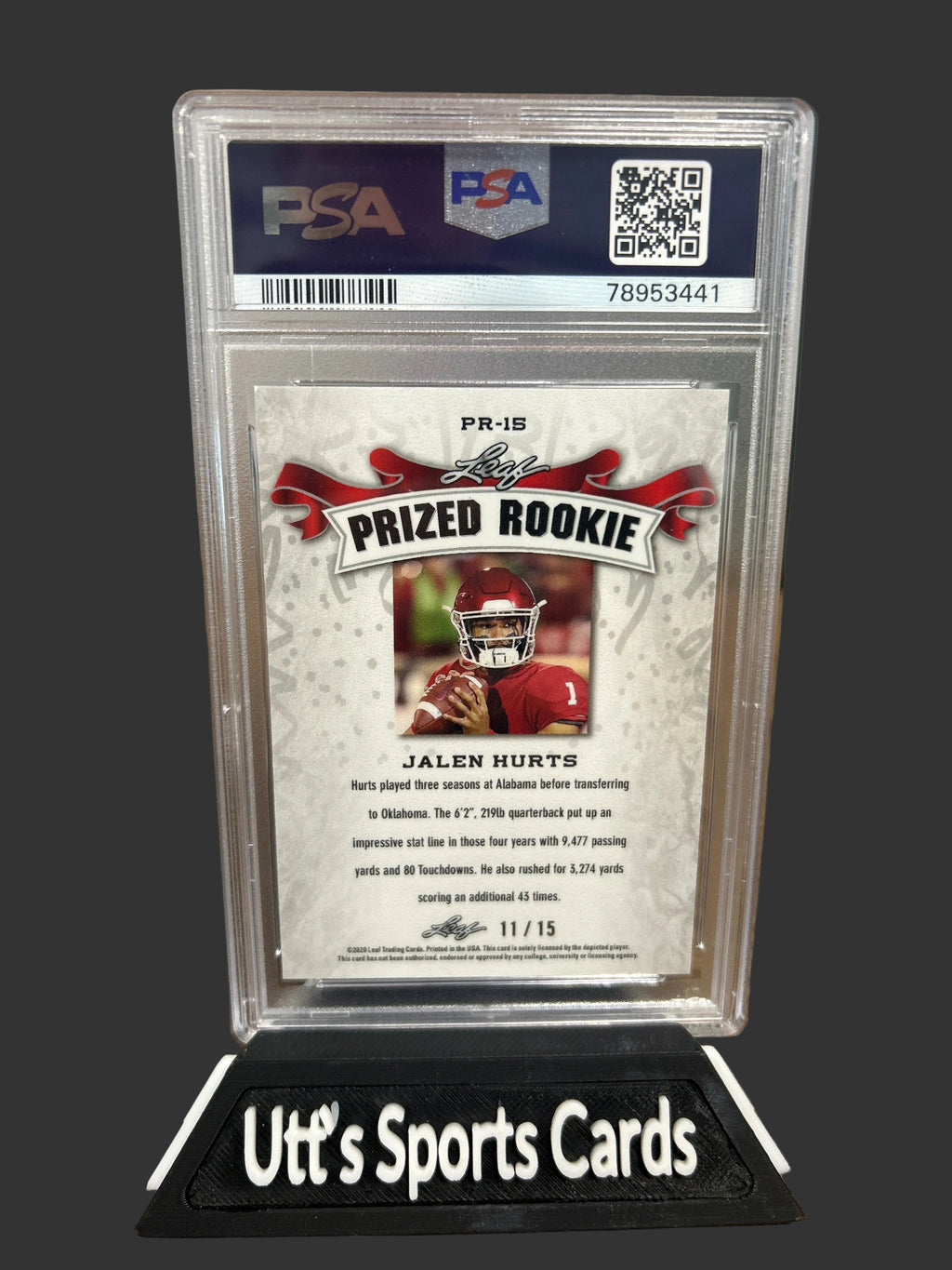 Jalen Hurts 2020 Leaf Metal S/R Prized Rookie Purple 11/15 PSA 10