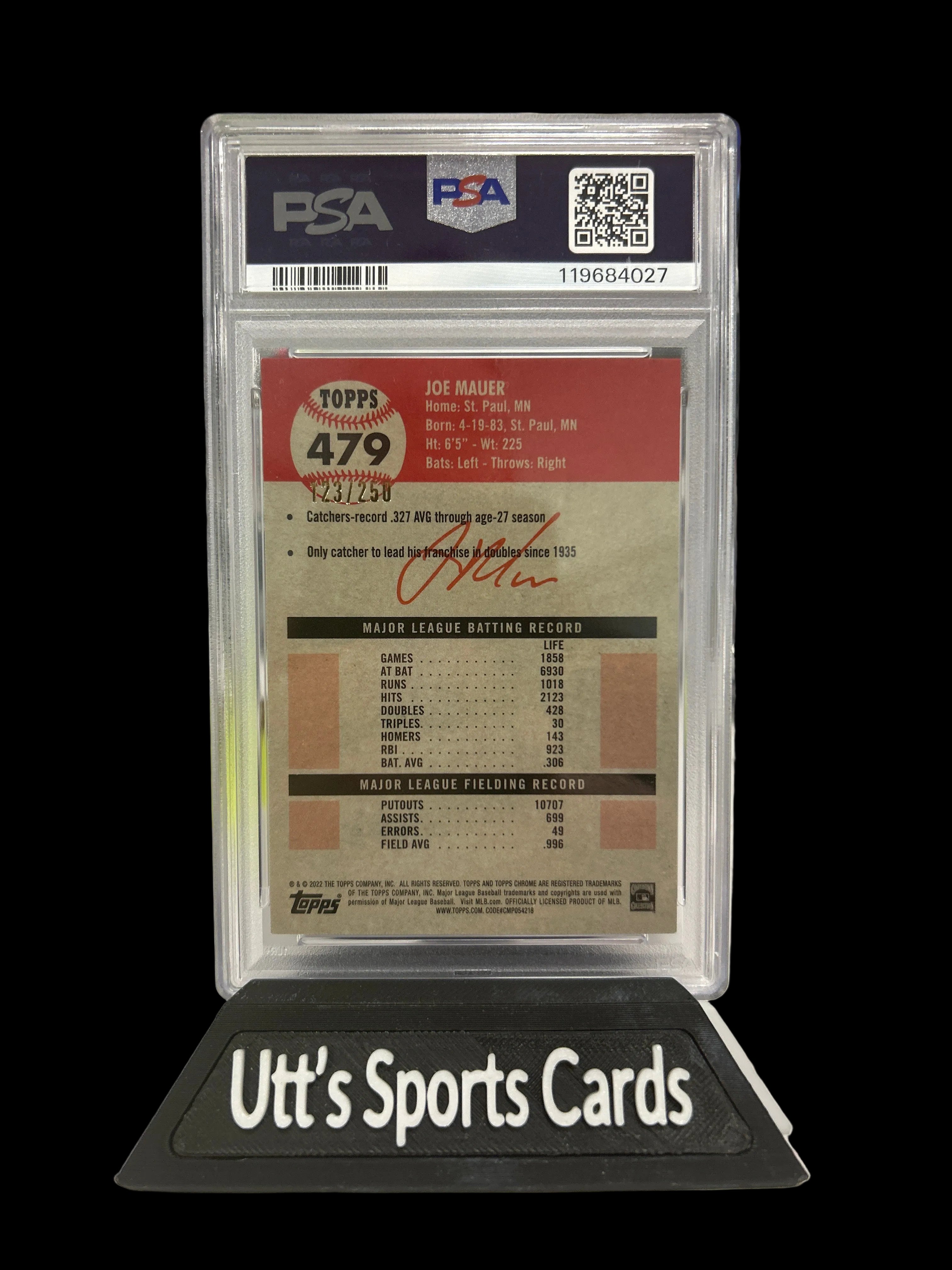2022 TOPPS CHROME PLATINUM ANV - YELLOW RAYWAVE REF. 123/250 JOE MAUER PSA 10