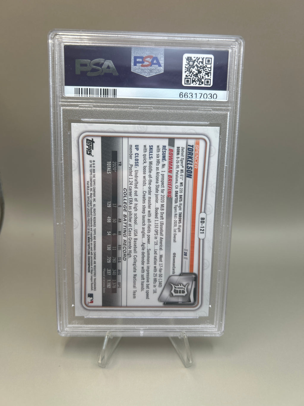 2020 Bowman Draft Sapphire Edition Spencer Torkelson Chrome 1st #BD-121 PSA 10