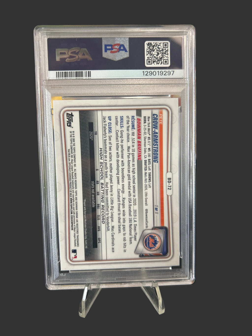 Bowman 2020 Draft Chrome Pete Crow-Armstrong Mets 1st Bowman #BD-72 PSA 10