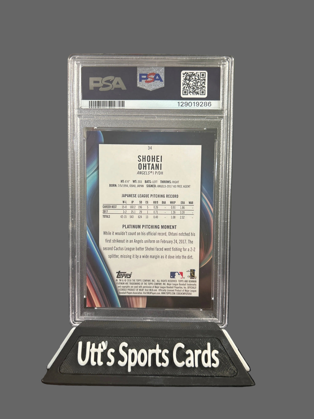2018 Bowman Platinum Shohei Ohtani RC With Glove  #34 PSA 9 Mint