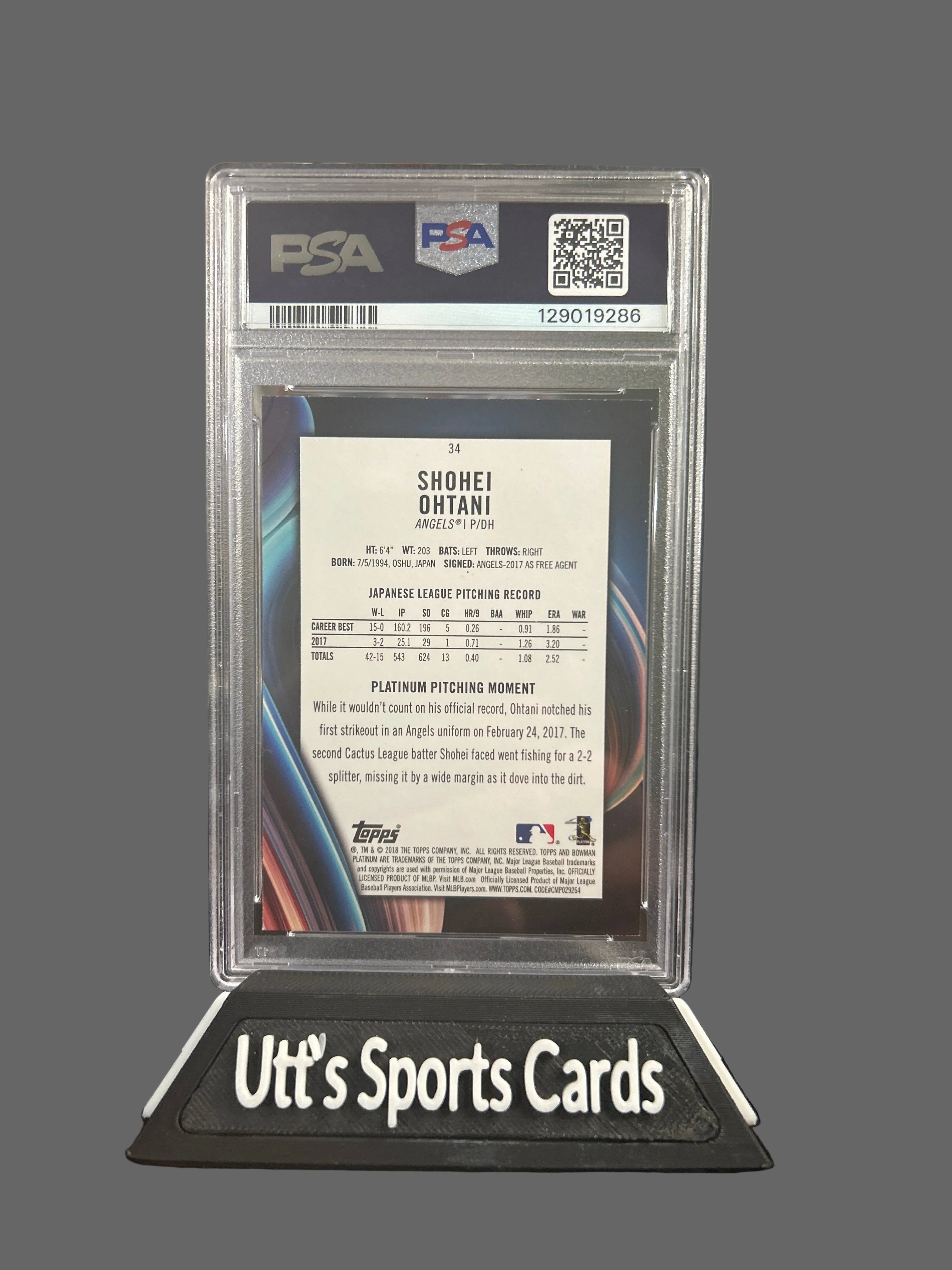 2018 Bowman Platinum Shohei Ohtani RC With Glove  #34 PSA 9 Mint