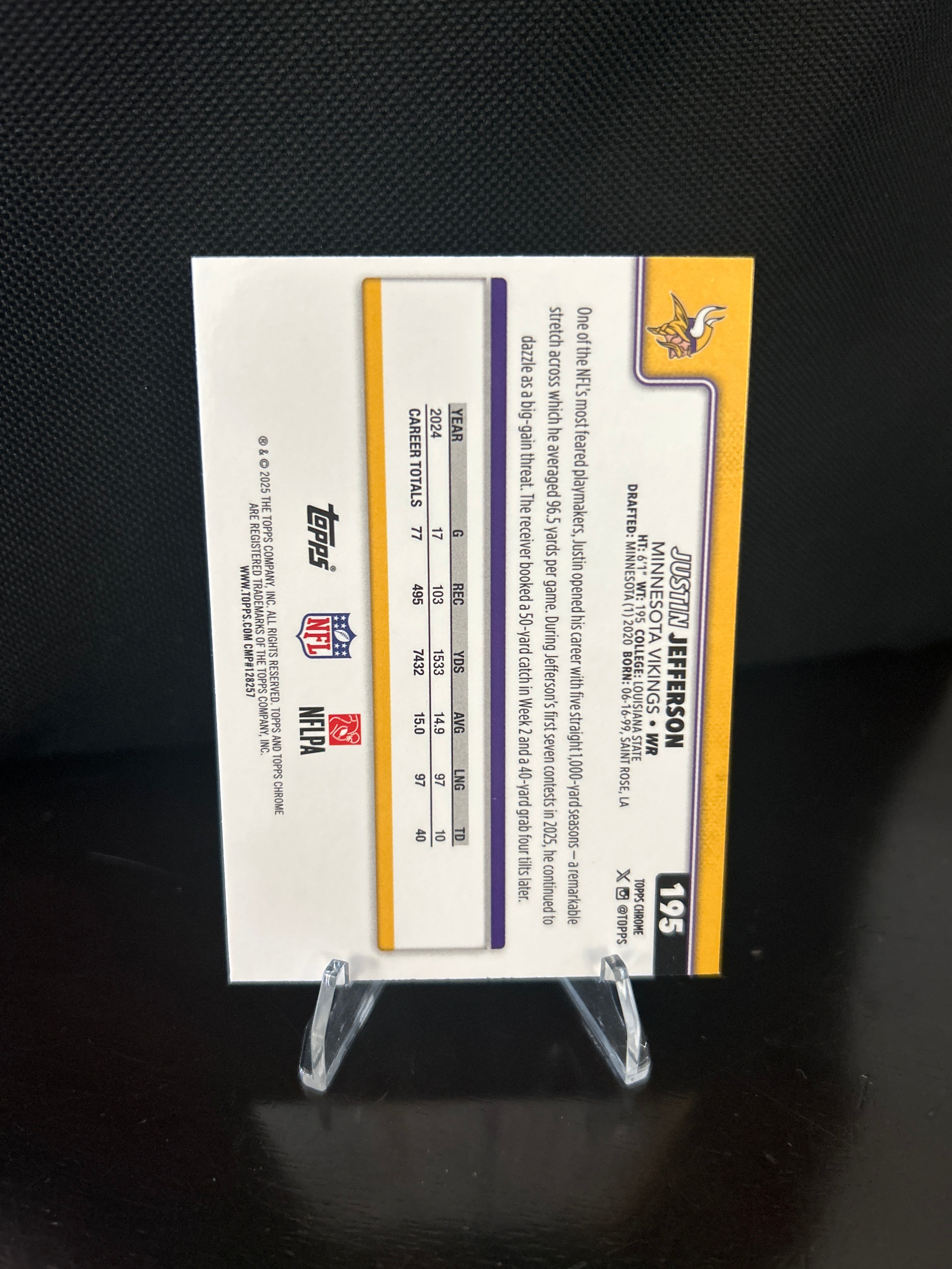 2025 Topps Chrome Pulsar Refractor - Justin Jefferson #195 Minnesota Vikings