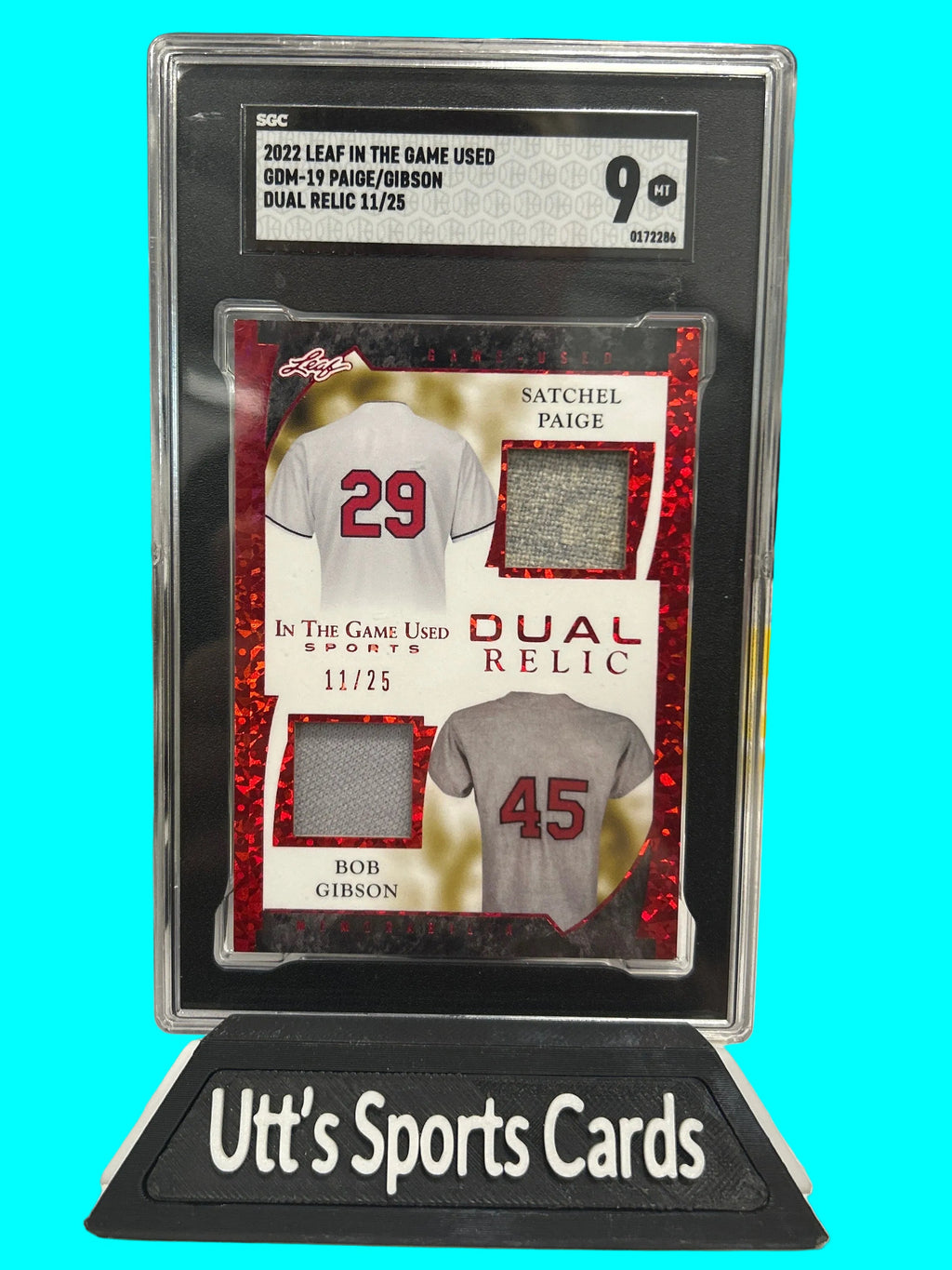 2022 Leaf In The Game Used Bob Gibson, Satchel Paige #GDM-19 Red Pattern 11 /25