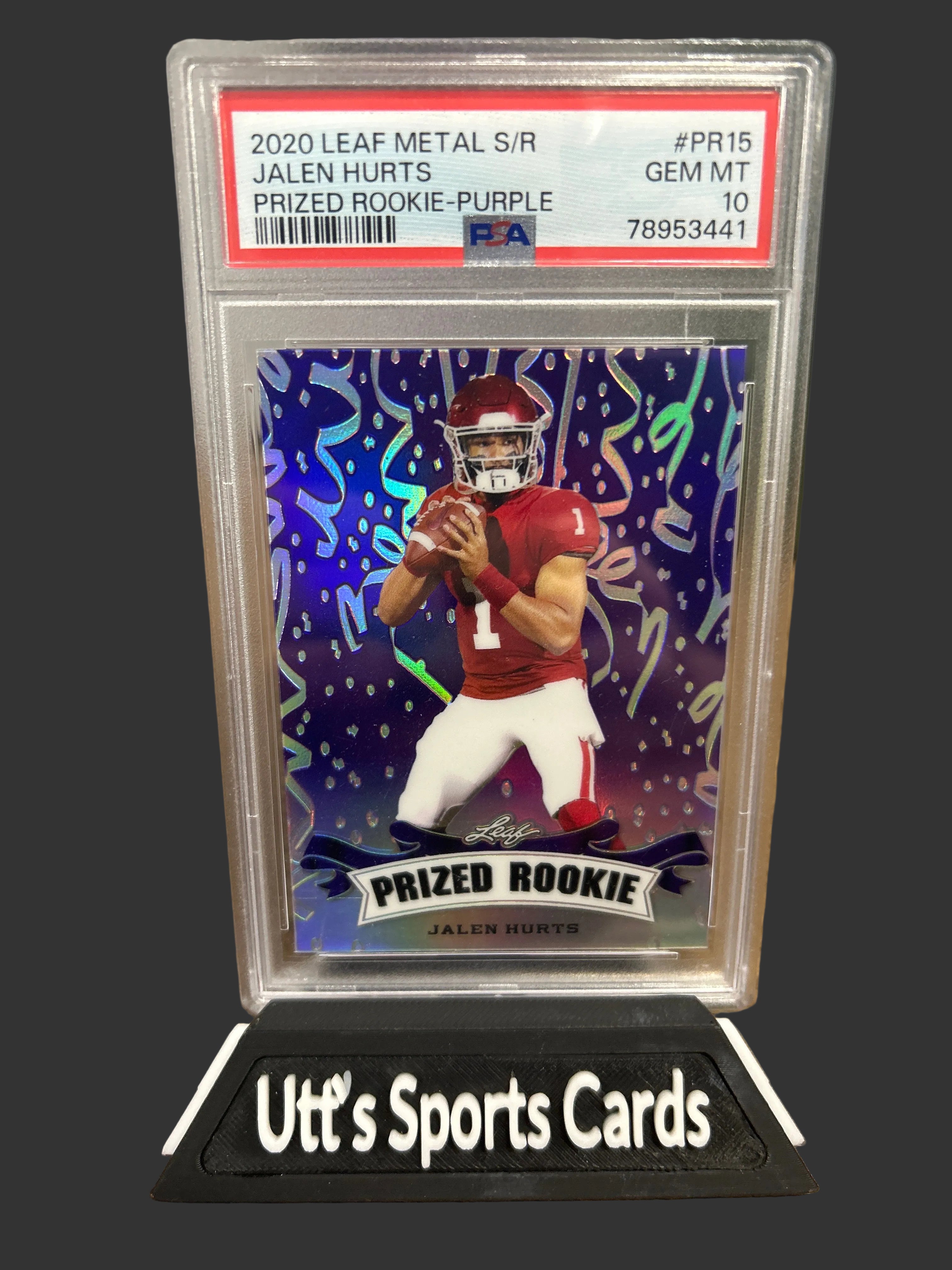 Jalen Hurts 2020 Leaf Metal S/R Prized Rookie Purple 11/15 PSA 10