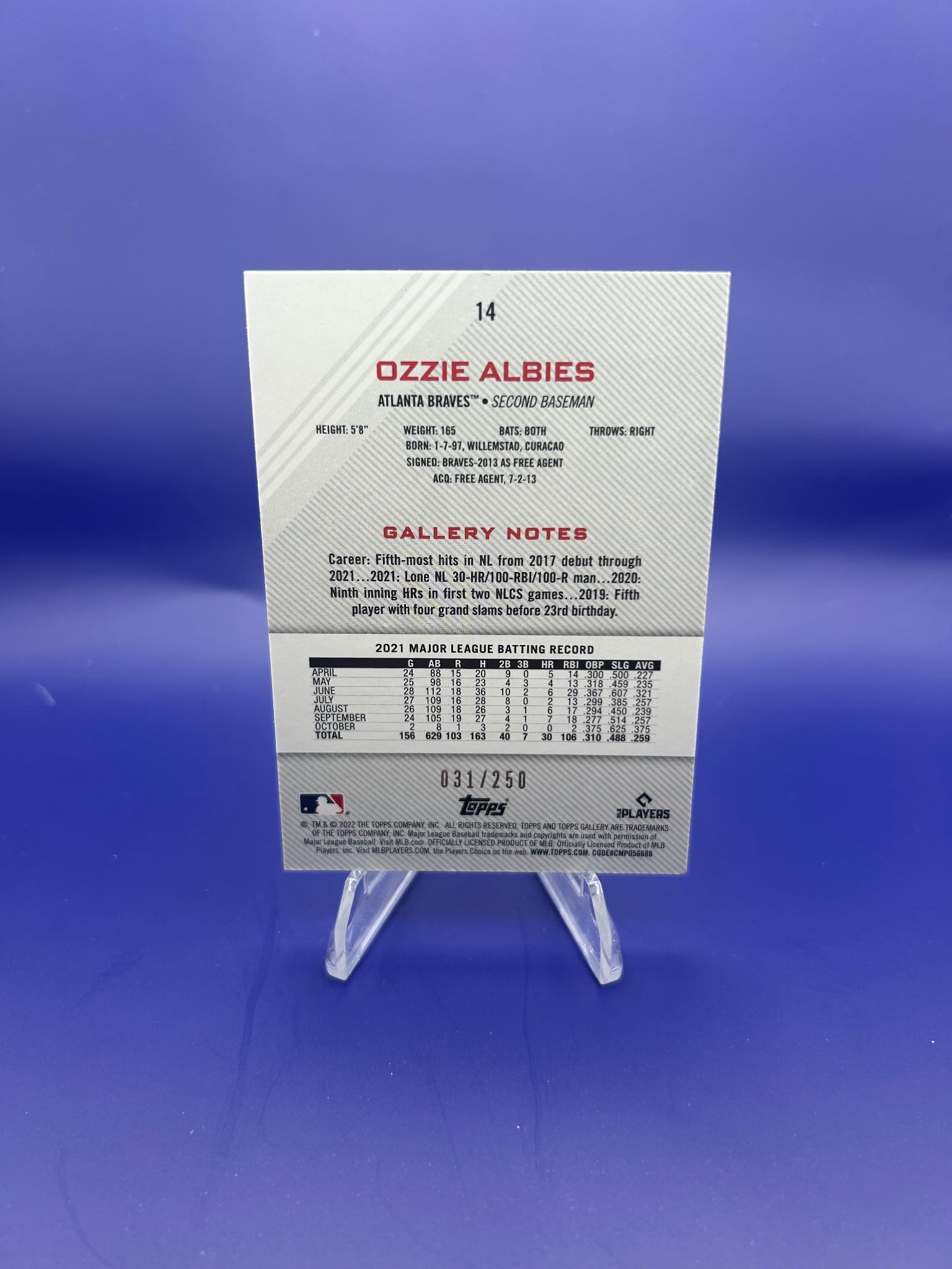 2022 Topps Gallery #14 Ozzie Albies Private Issue #/250