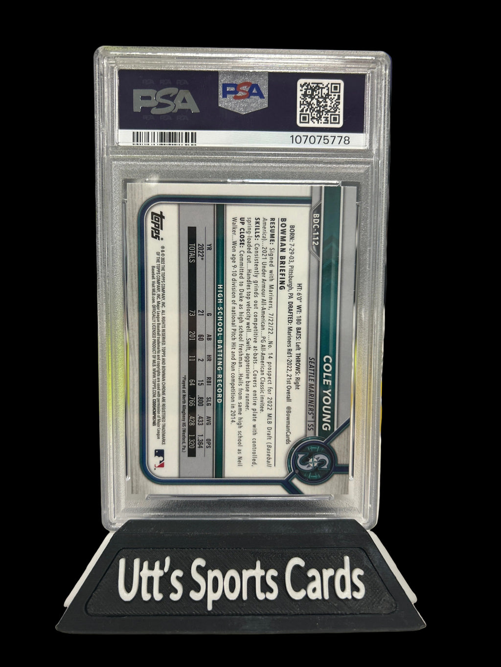 Cole Young 2022 Bowman Chrome Draft Sapphire Edition PSA 10 Rookie RC 1st BDC112