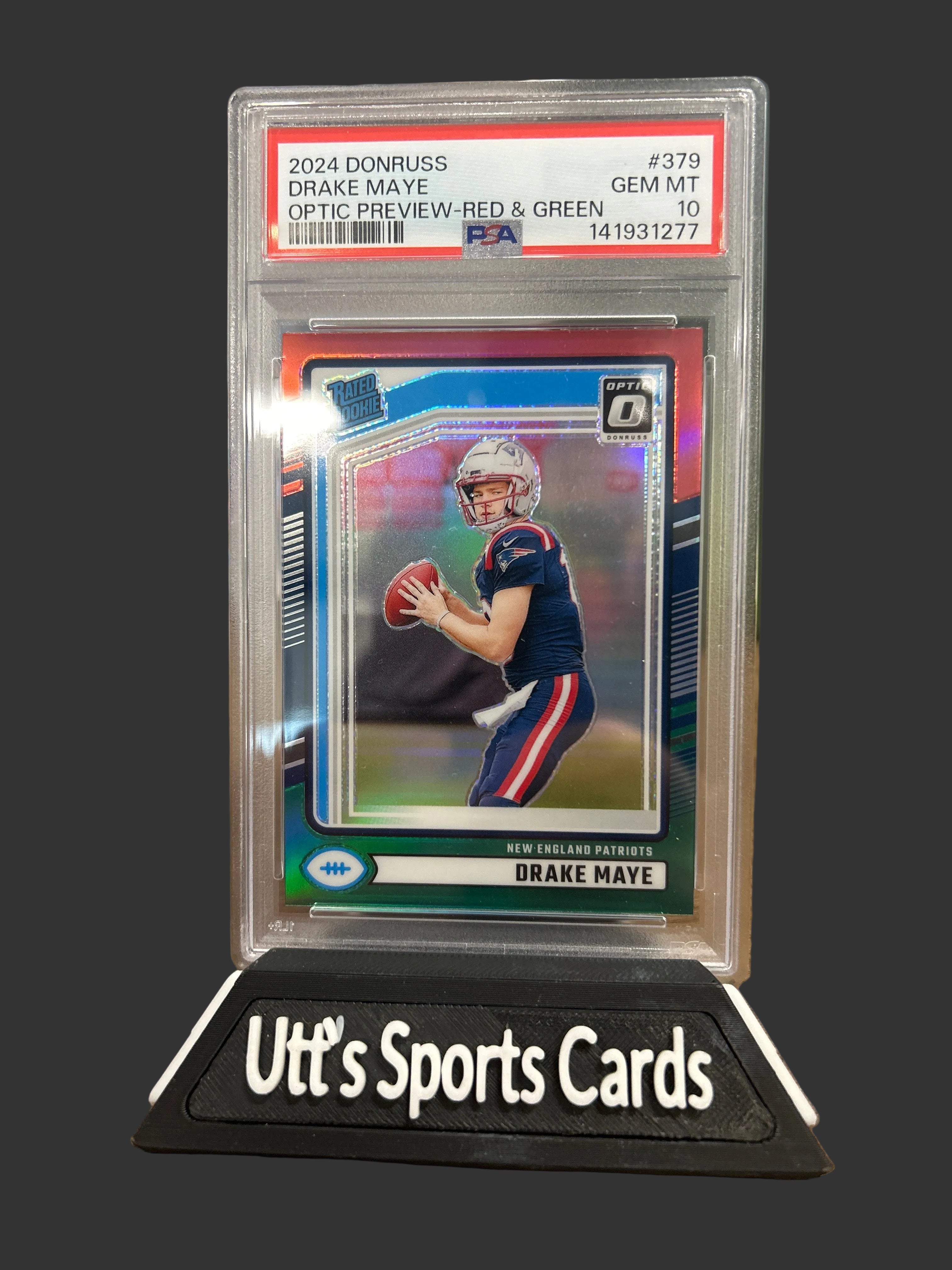 2024 Panini Donruss Rated Rookie Drake Maye #379 Optic Preview Red & Green Prizm ( PSA 10)
