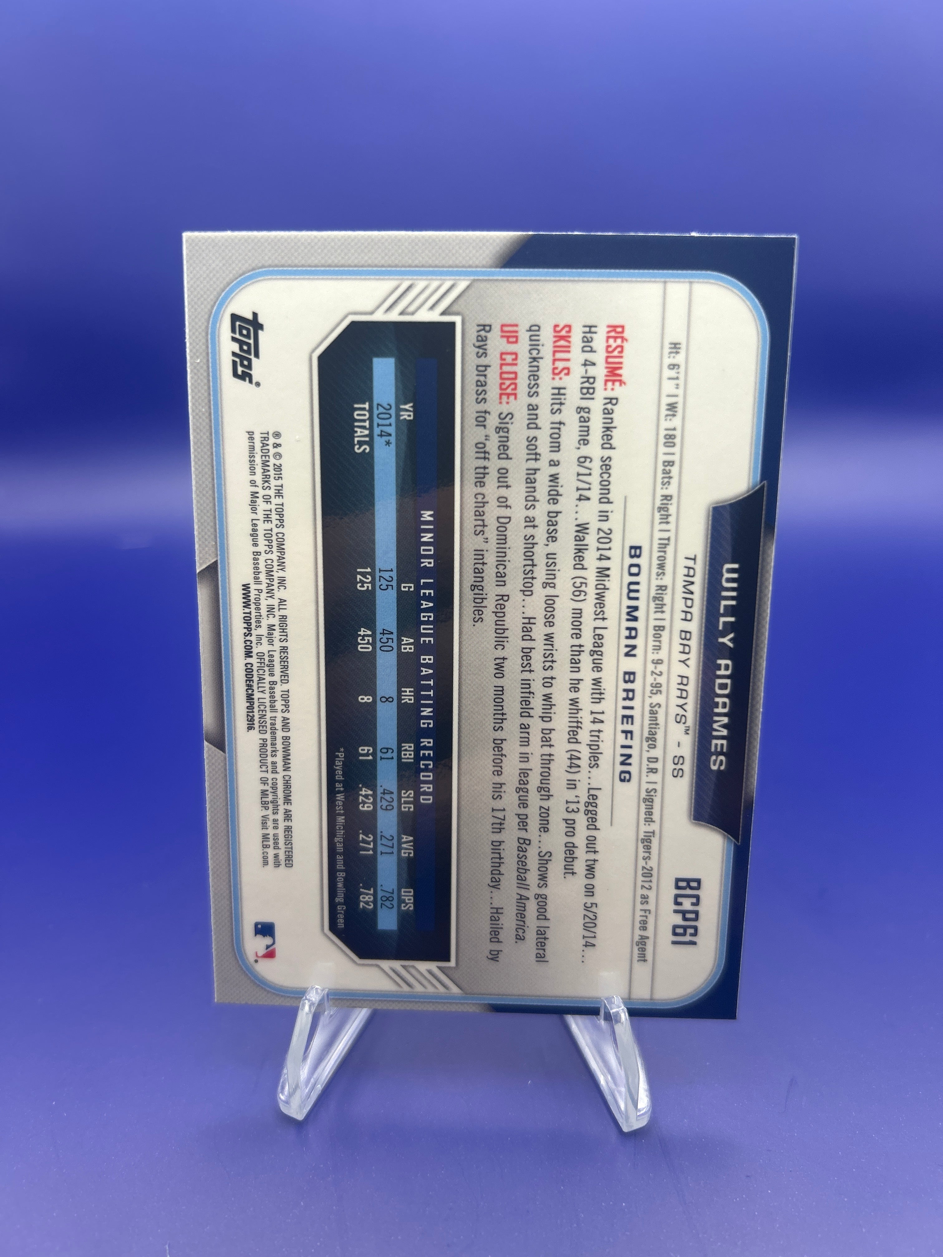 2015 Bowman Chrome 1st Year Willy Adames Prospect Tampa Bay Rays #BCP61
