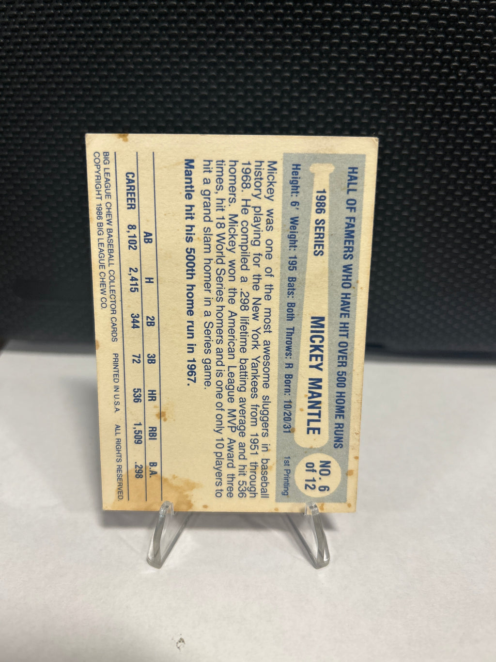 1986 Big League Chew Home Run Legends - Mickey Mantle #6