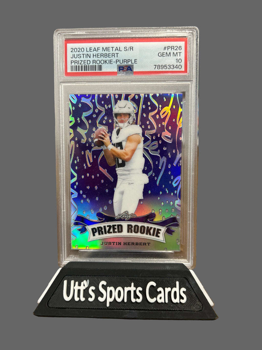 2020 Leaf Metal S/R Justin Herbert Prized Rookie Purple 7/15 PSA 10