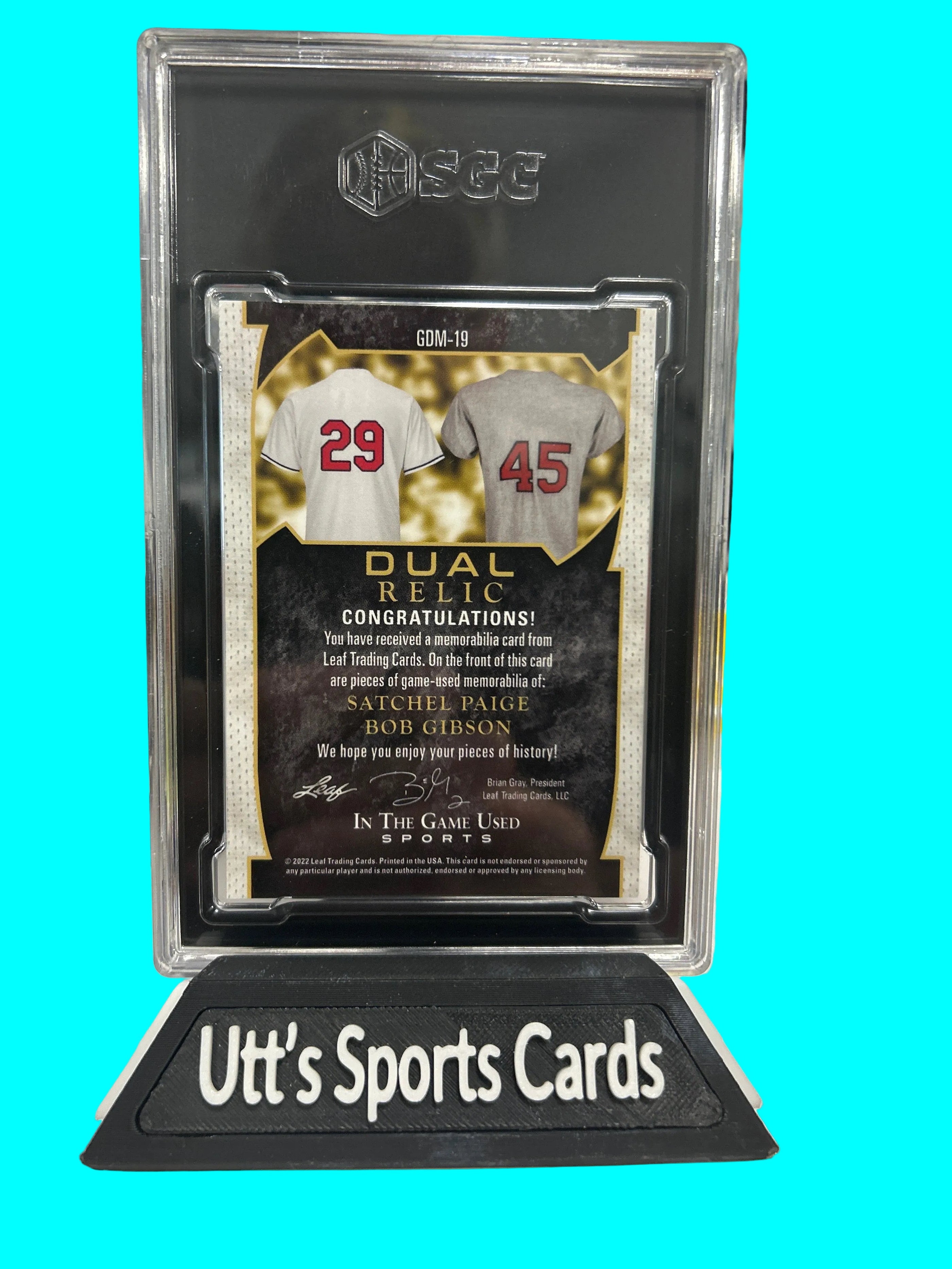 2022 Leaf In The Game Used Bob Gibson, Satchel Paige #GDM-19 Red Pattern 11 /25