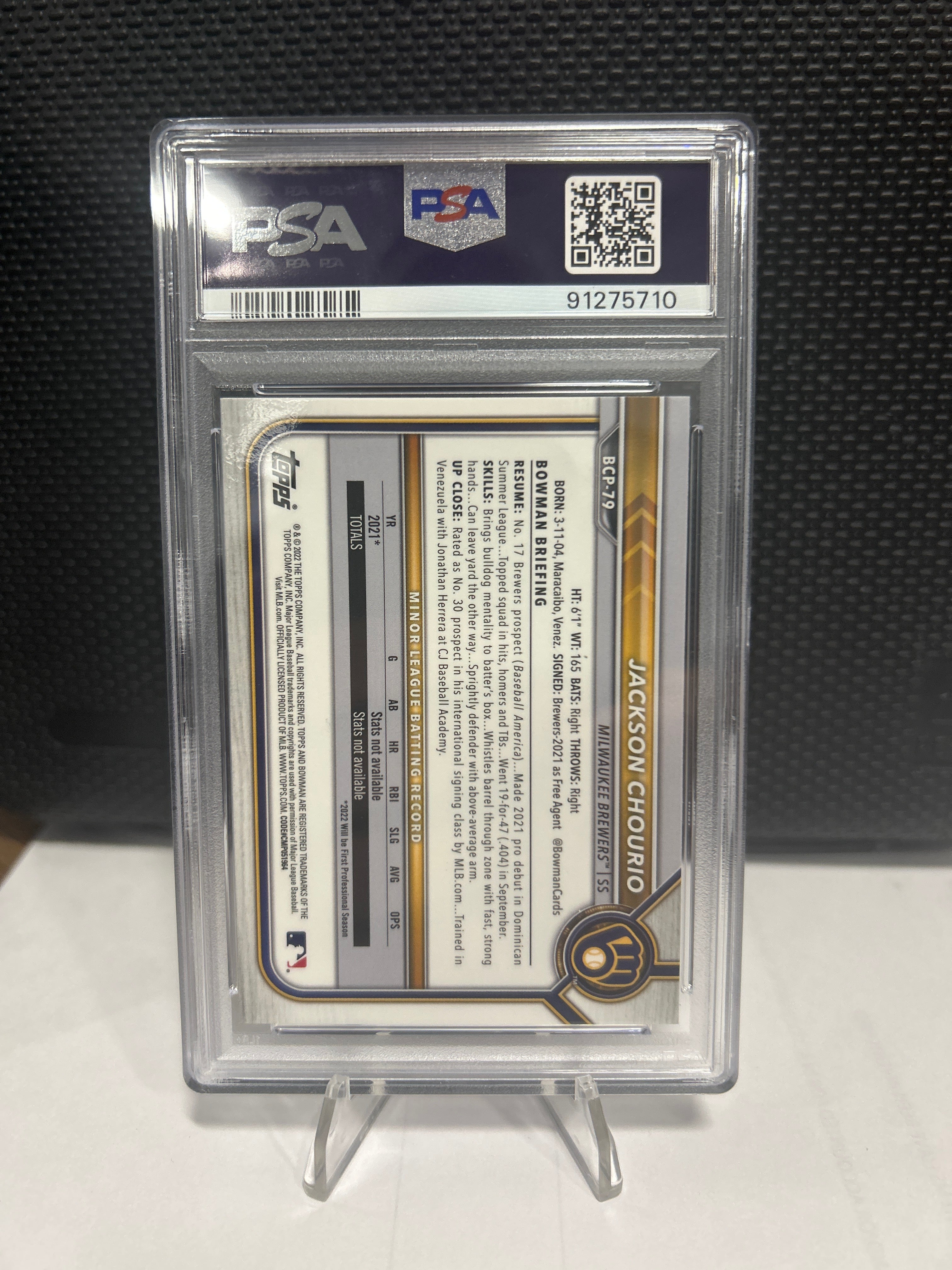 2022 Bowman Chrome Blue Ice Sapphire 1st Jackson Chourio PSA10