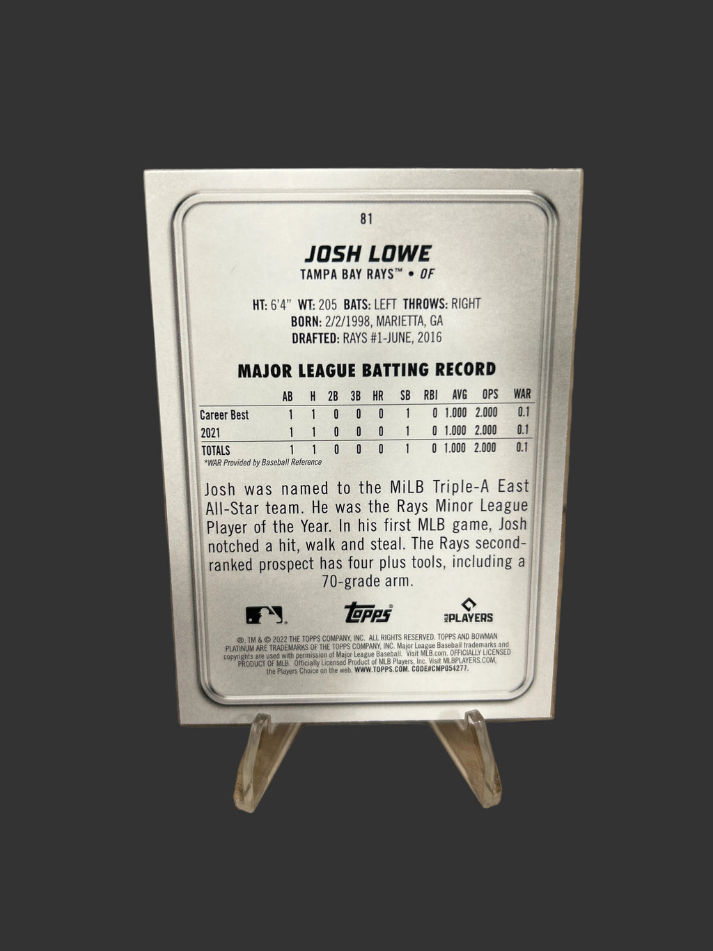 2022 Bowman Platinum - Josh Lowe #81 (RC)