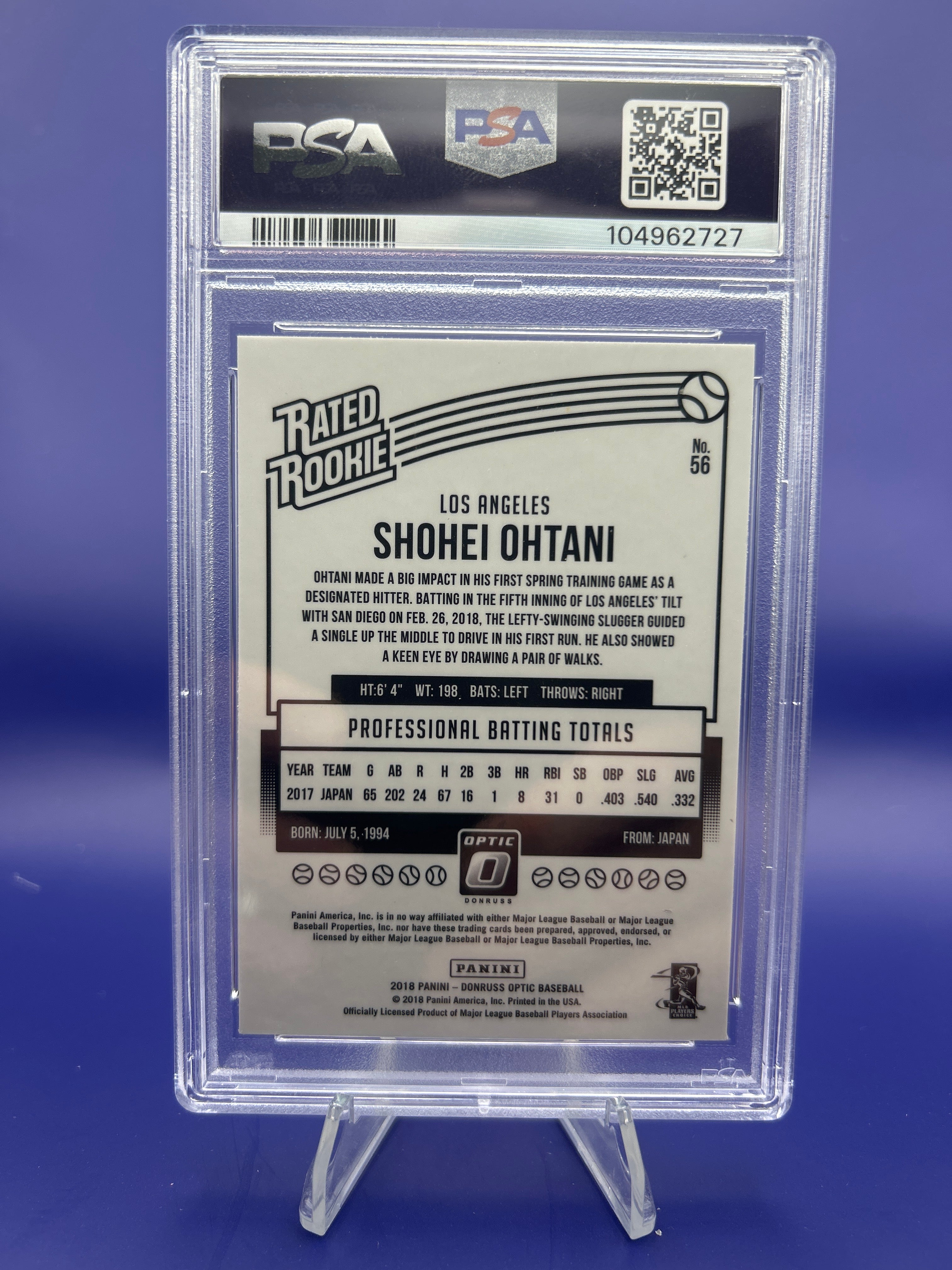 Panini 2018 Donruss Optic Shohei Ohtani Rated Rookie #56 Batting PSA 10