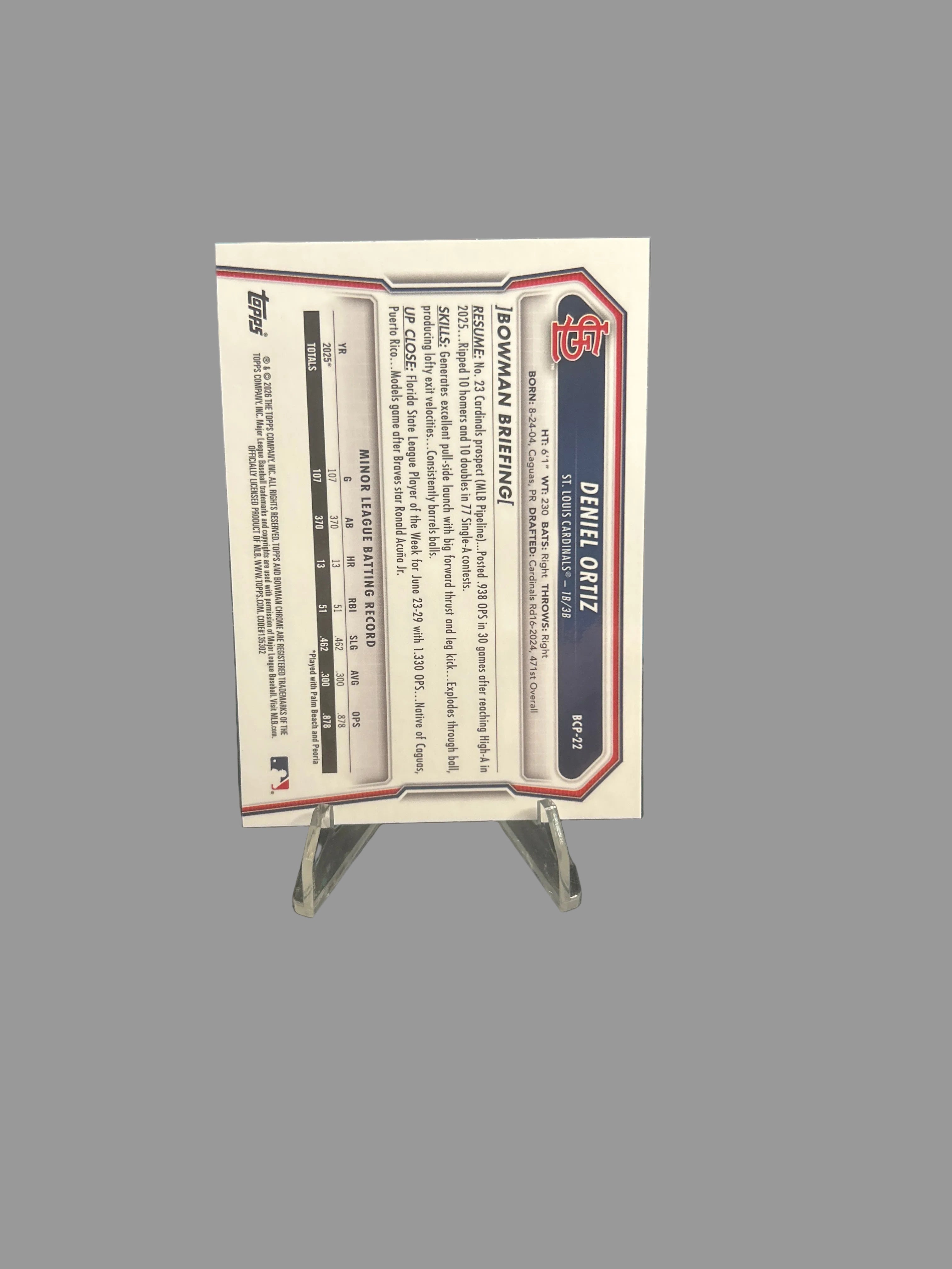 Deniel Ortiz 1st Bowman Sapphire 2026 BCP-22 (RC) St. Louis Cardinals