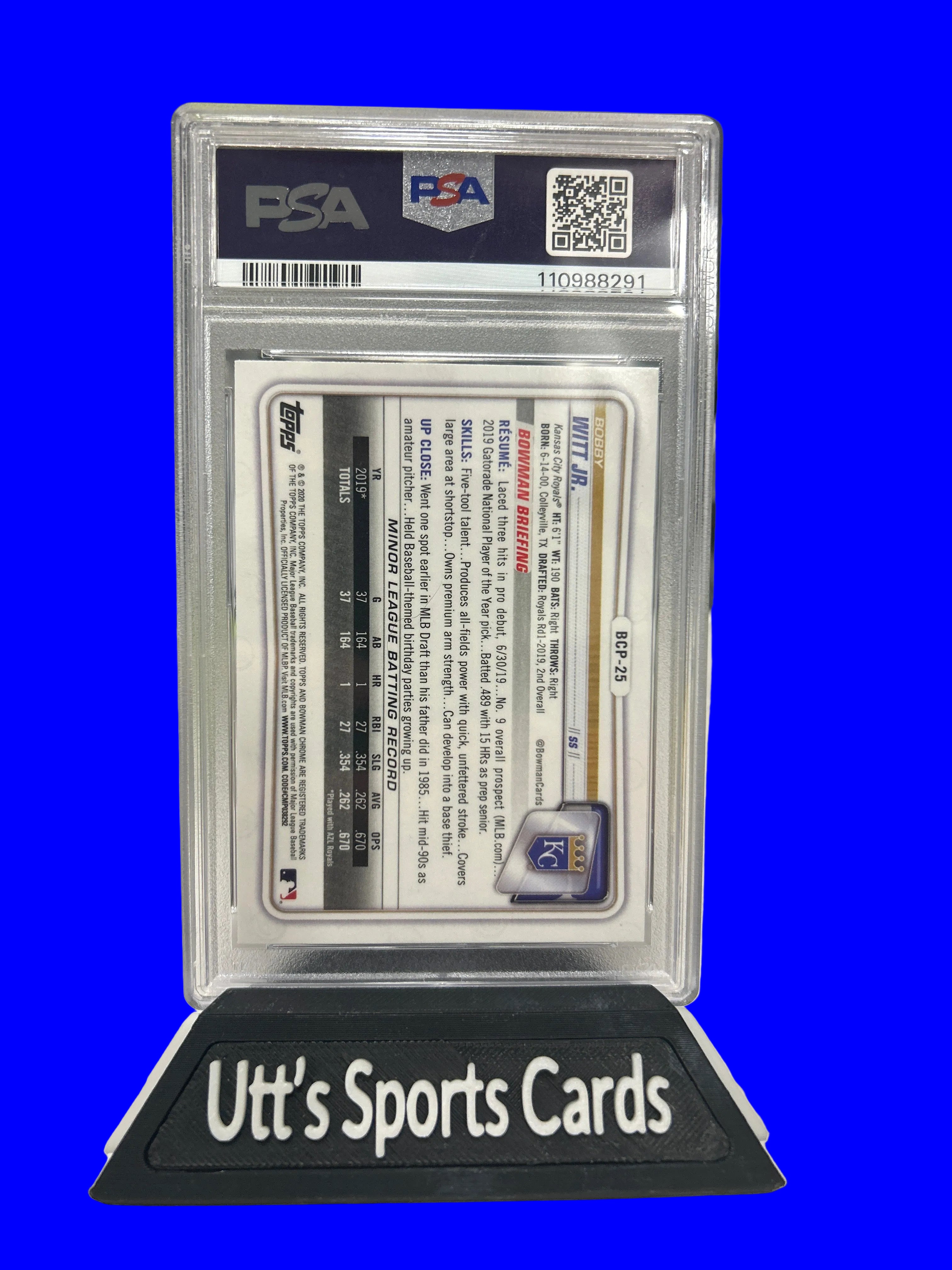 BOBBY WITT JR. PSA 9 2020 BOWMAN CHROME #BCP-25 PROSPECT ROYALS