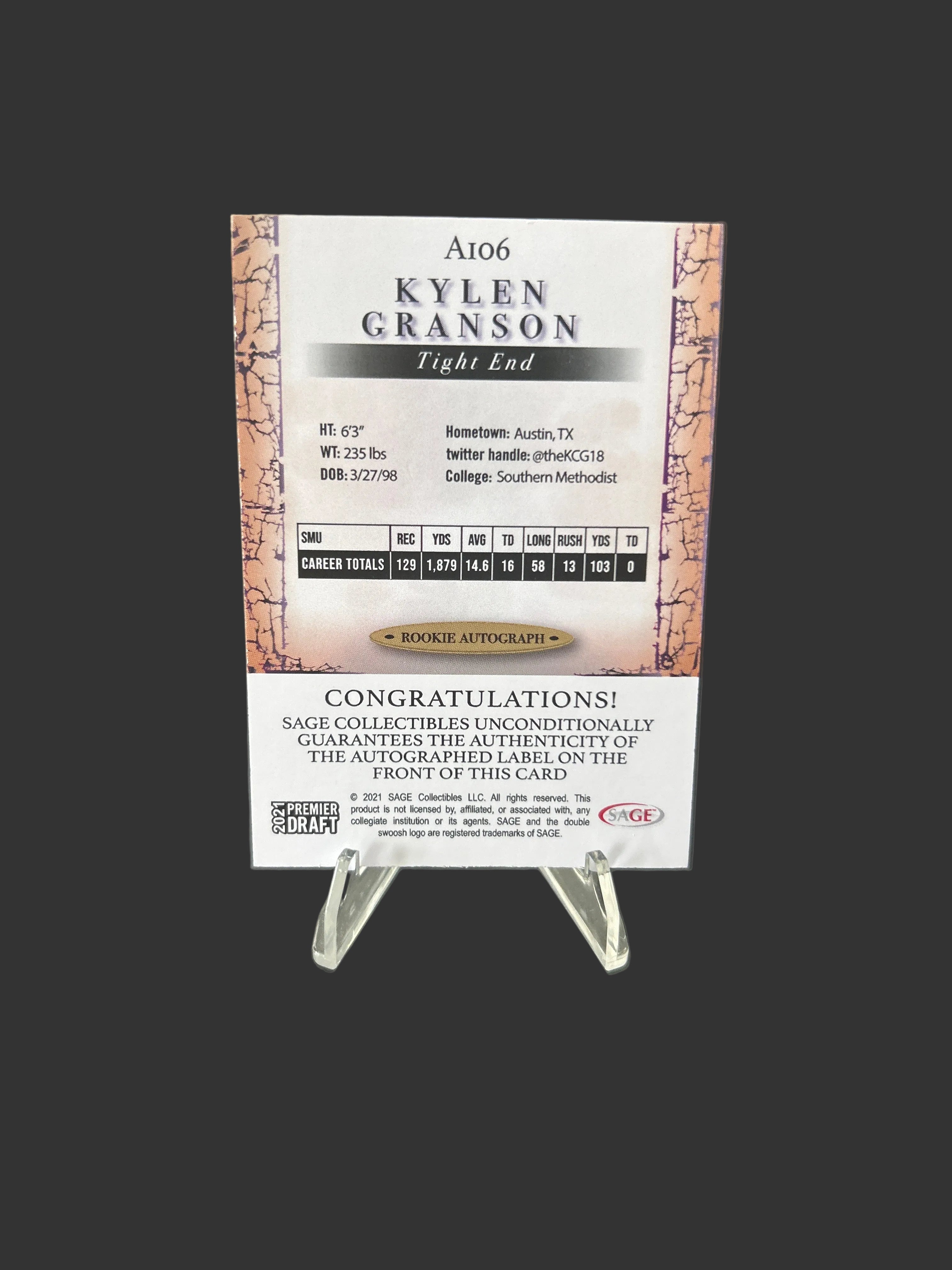 2021 Sage Premier Draft - Autographs #A106 Kylen Granson - Indianapolis Colts