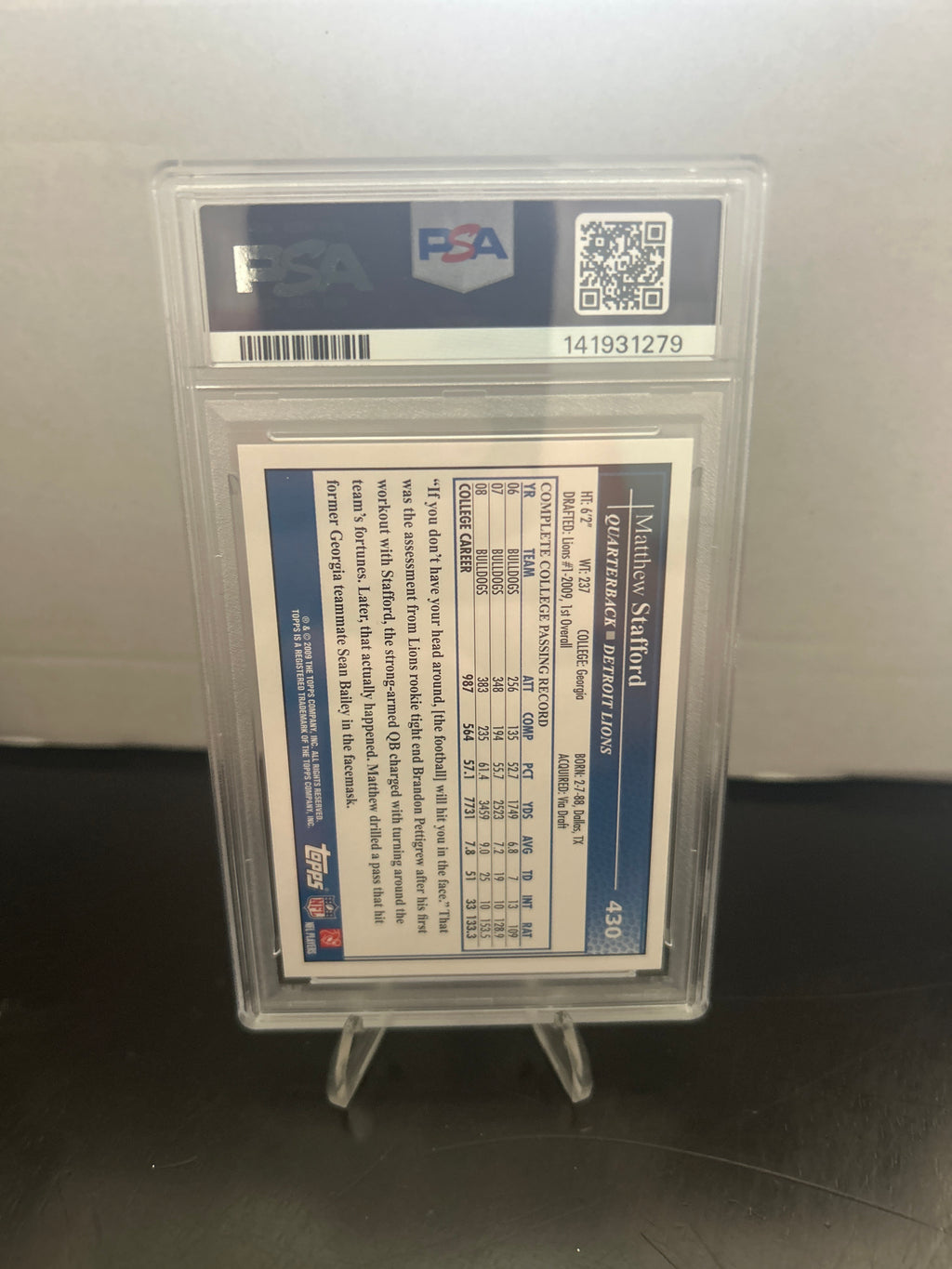 2009 Topps Matthew Stafford #430 THROWING PSA 9 MINT ROOKIE CARD RC LIONS RAMS