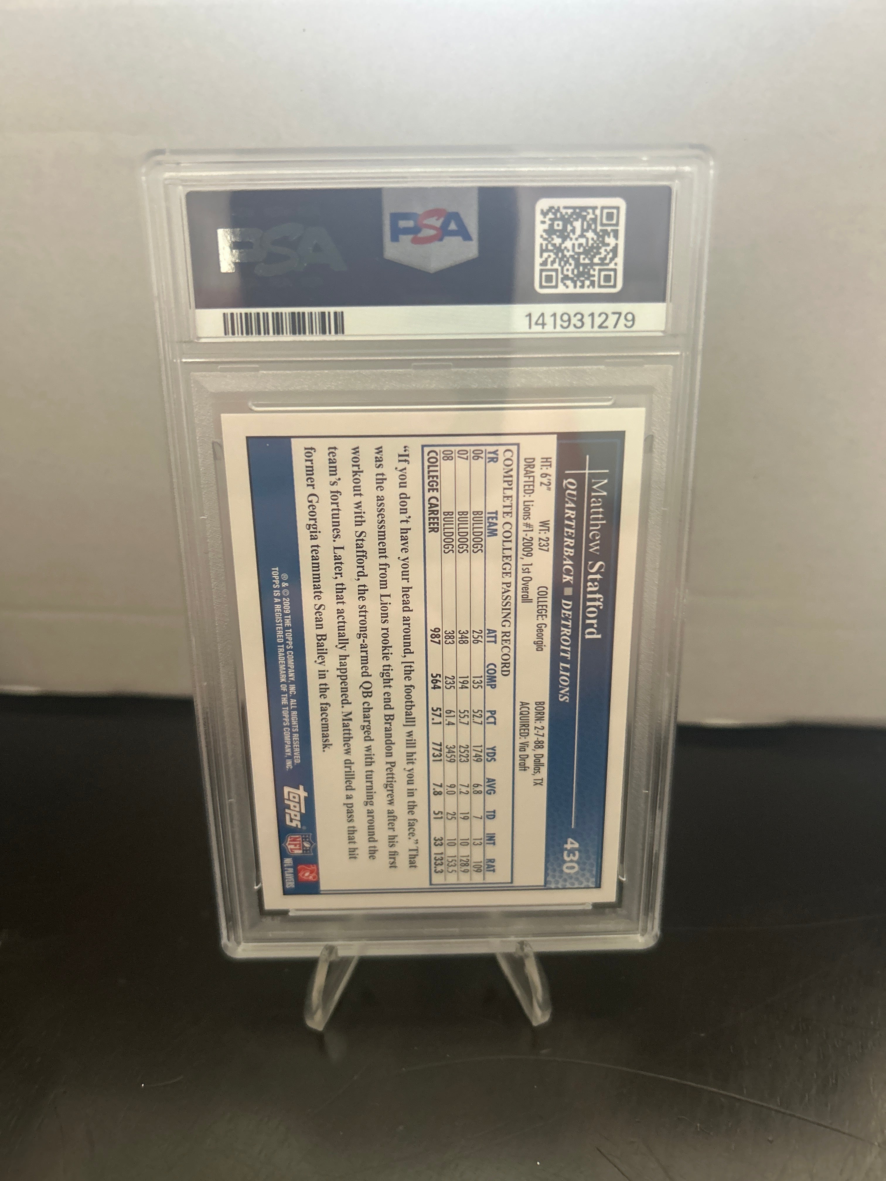 2009 Topps Matthew Stafford #430 THROWING PSA 9 MINT ROOKIE CARD RC LIONS RAMS