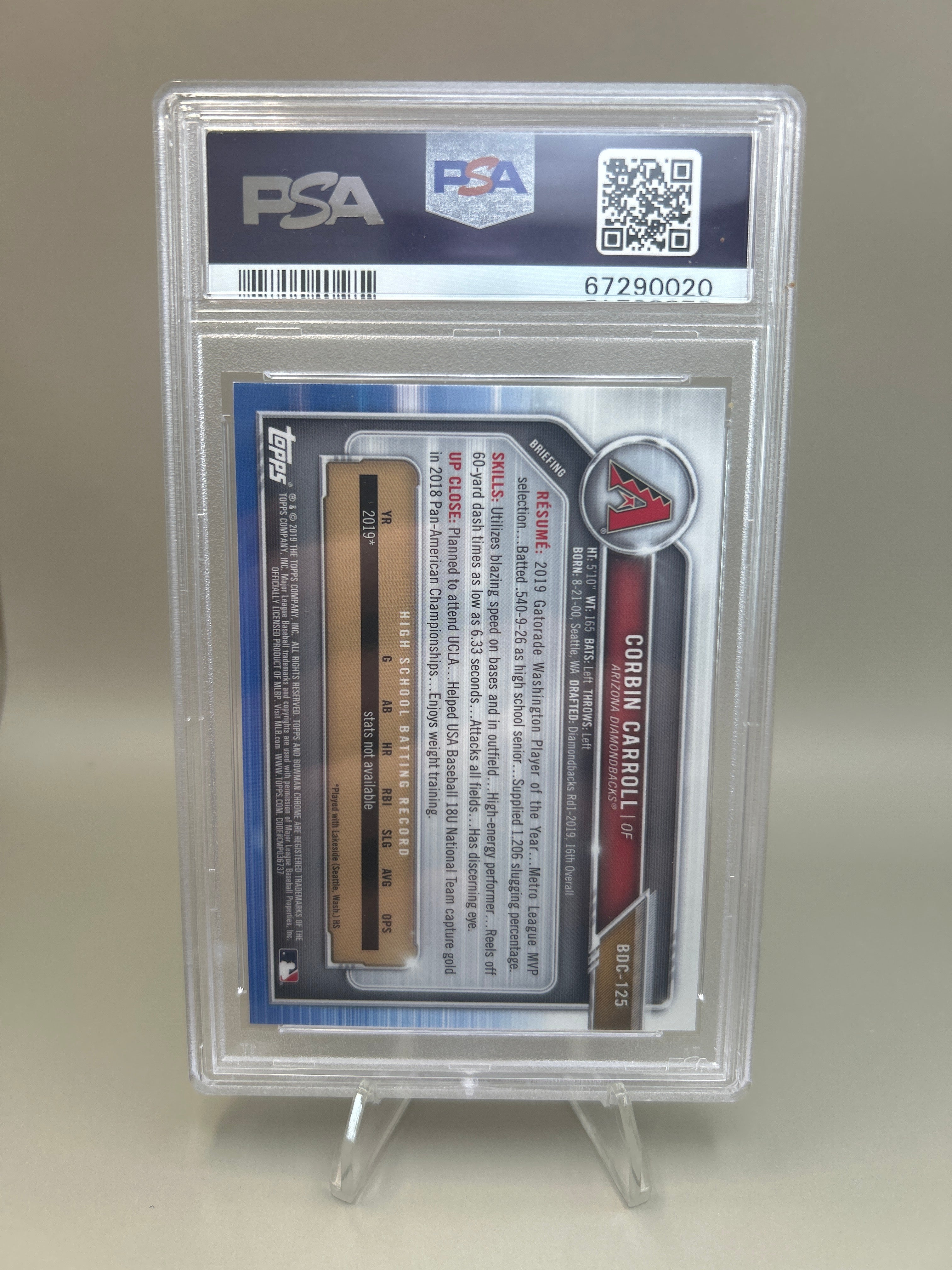 Corbin Carroll (2019) Bowman Draft Chrome 1st RC #BDC125 PSA 10 GEM MINT