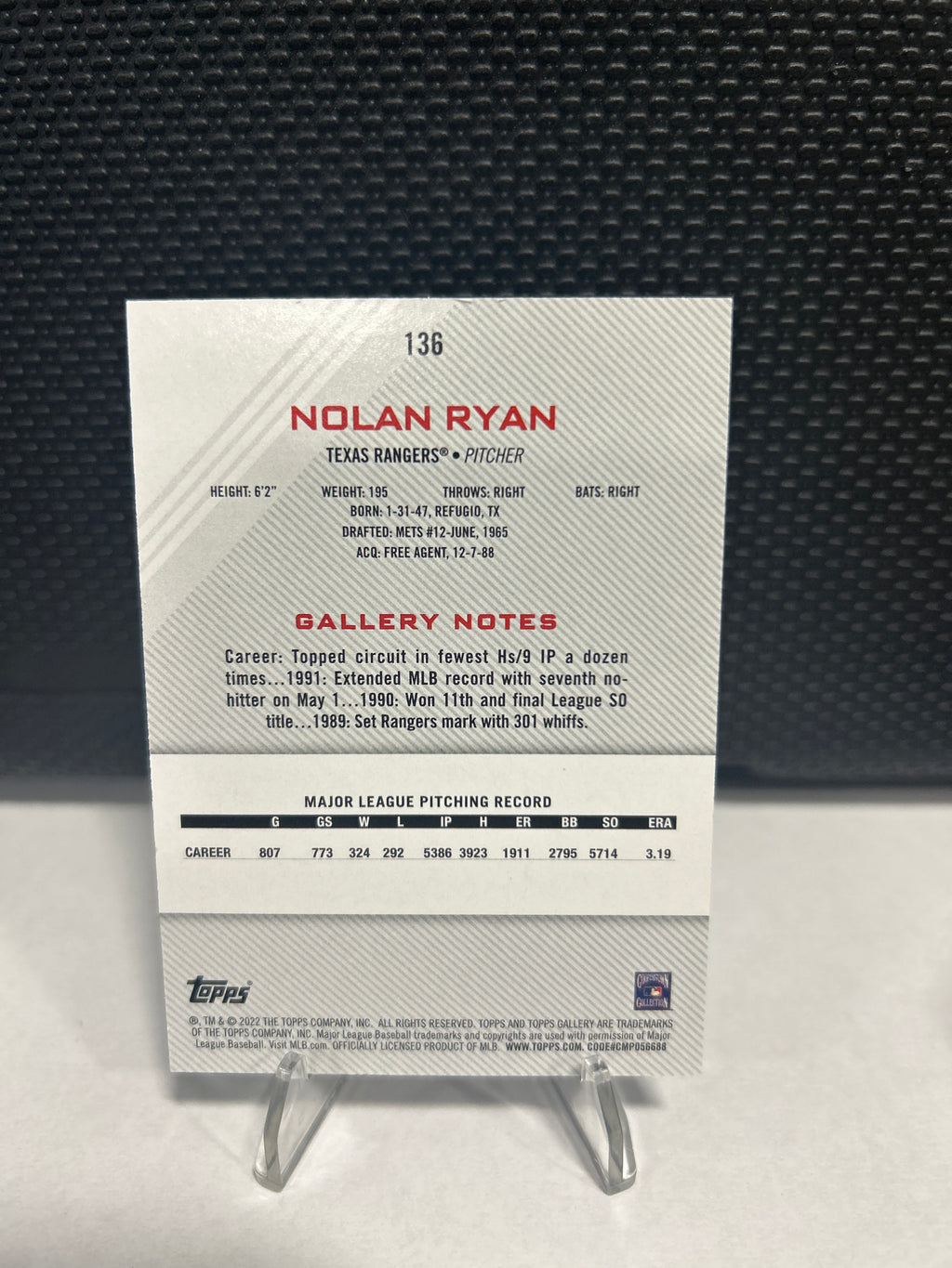 2022 Topps Gallery Printer Proof #136 Nolan Ryan Texas Rangers HOF
