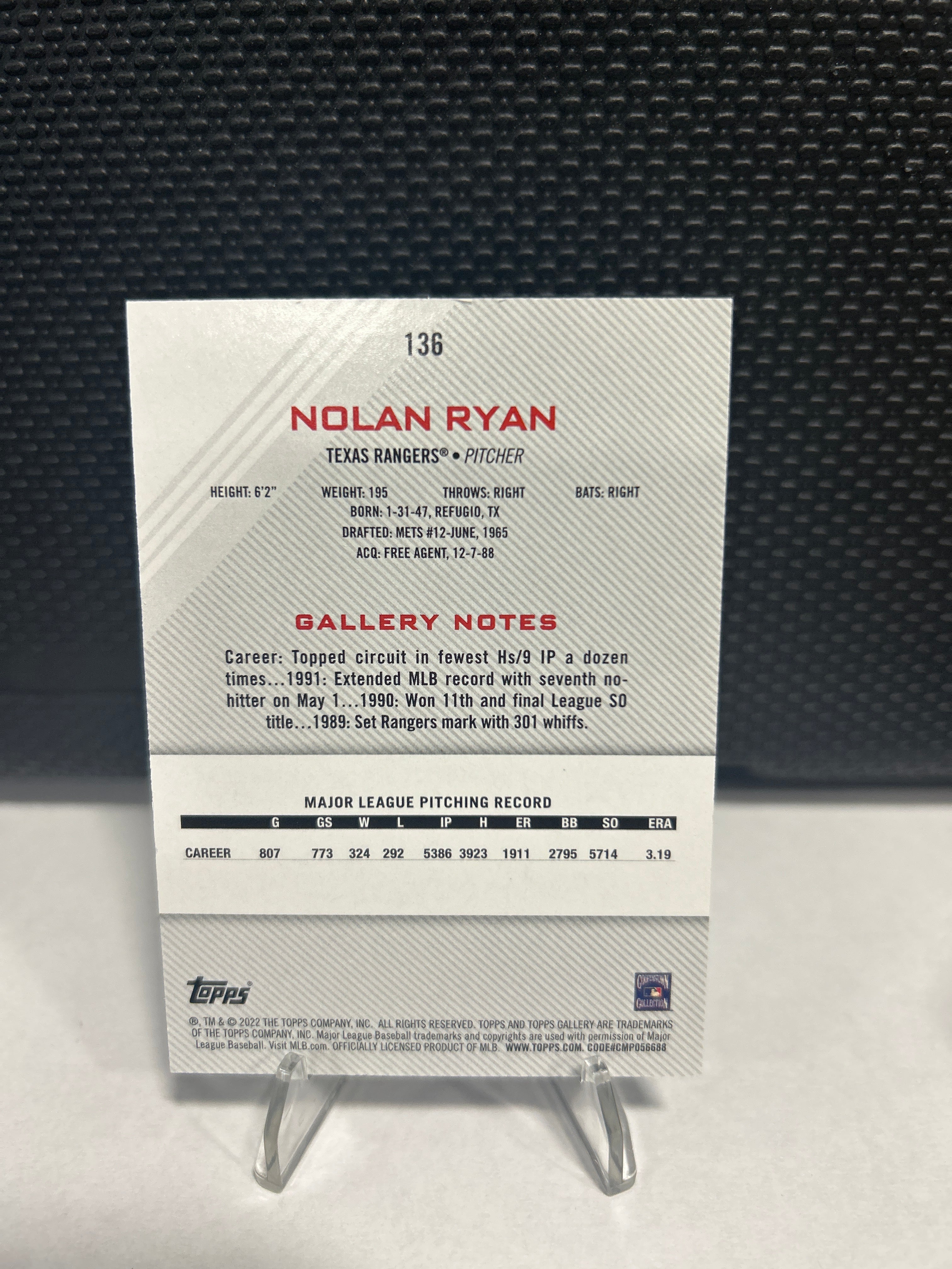 2022 Topps Gallery Printer Proof #136 Nolan Ryan Texas Rangers HOF