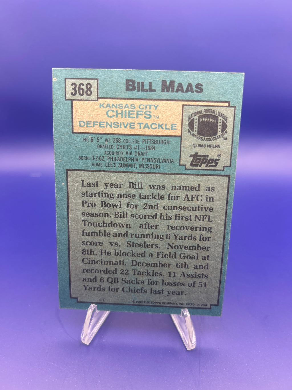 1988 Topps All Pro #368 Bill Maas Kansas City Chiefs Football Card