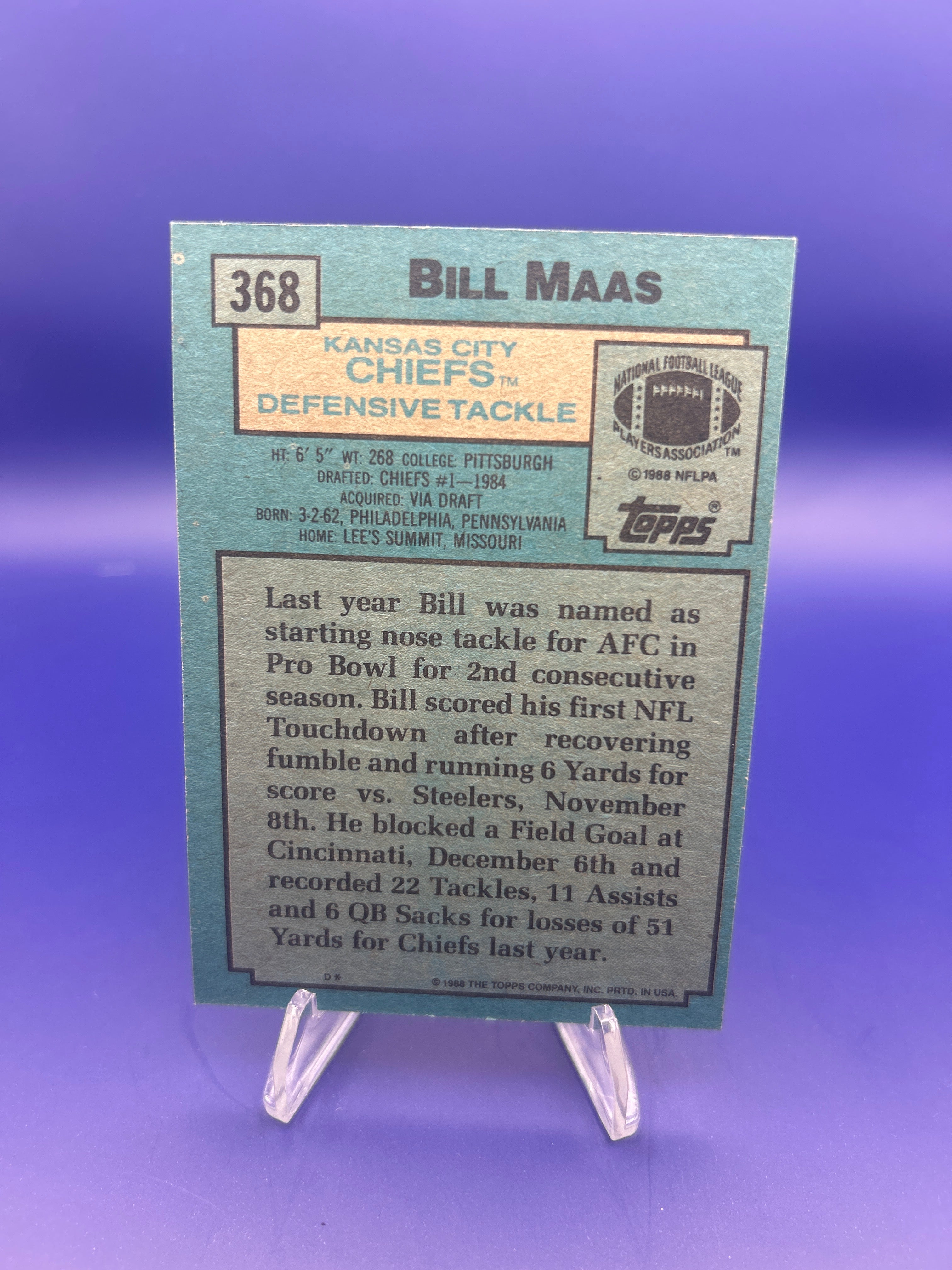 1988 Topps All Pro #368 Bill Maas Kansas City Chiefs Football Card