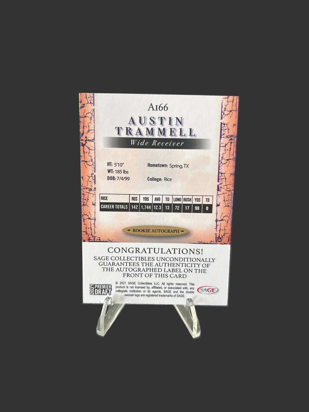 2021 SAGE Premier Draft Austin Trammell RC Rookie Autograph No.A166 L.A. Rams