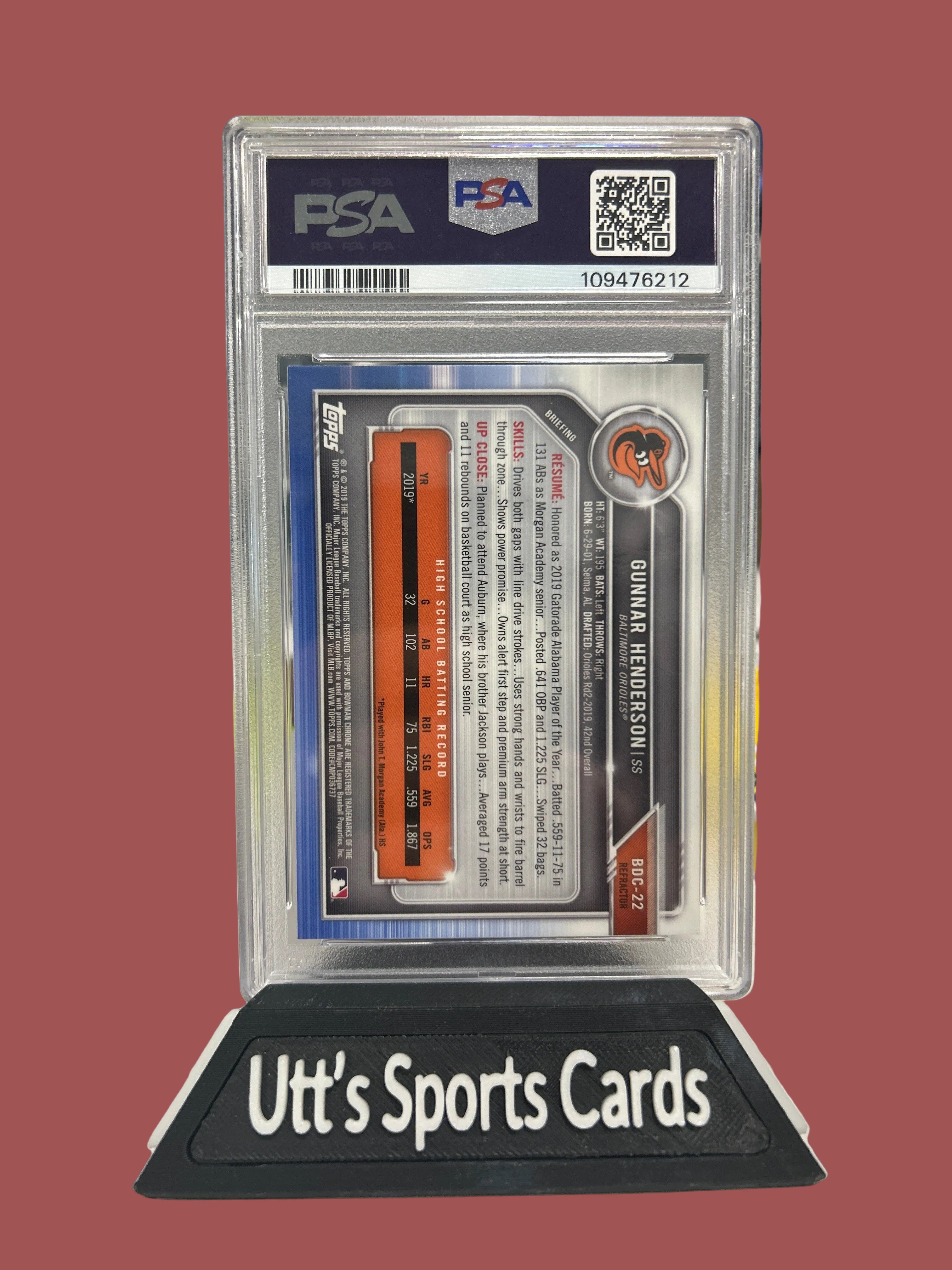 2019 Bowman Draft Chrome Refractor Gunnar Henderson #BDC-22 Rookie PSA 9 Orioles