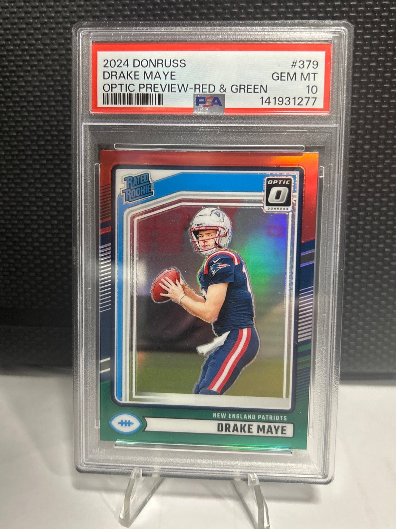 DRAKE MAYE 2024 PANINI DONRUSS OPTIC PREVIEW-RED & GREEN #379 ROOKIE PATS PSA 10